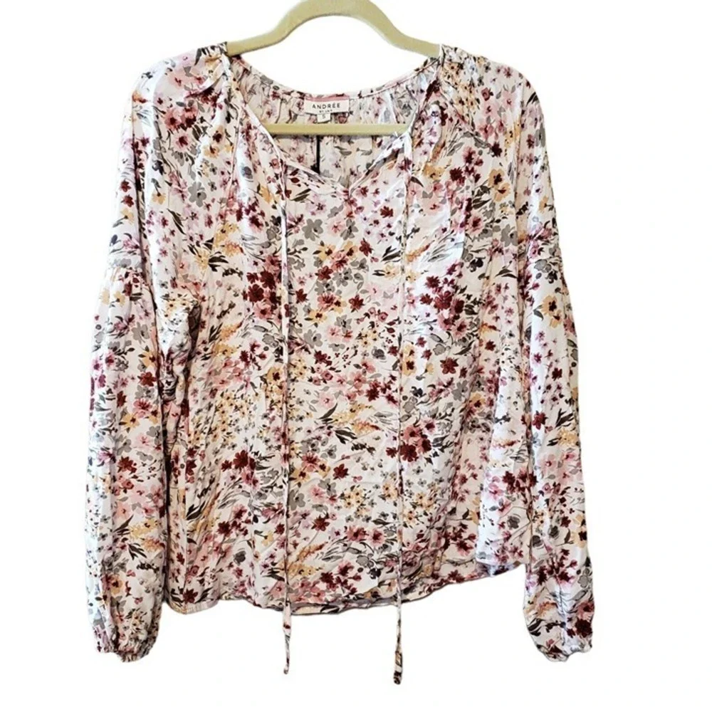 Andrée By Unit Red Olive & Mustard Floral Long Sleeve‎ Blouse Tie Neck Size S